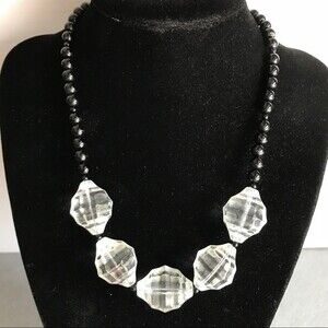 Vintage Handmade Crystal Black Onyx Statement Necklace Sterling Silver Clasp 16